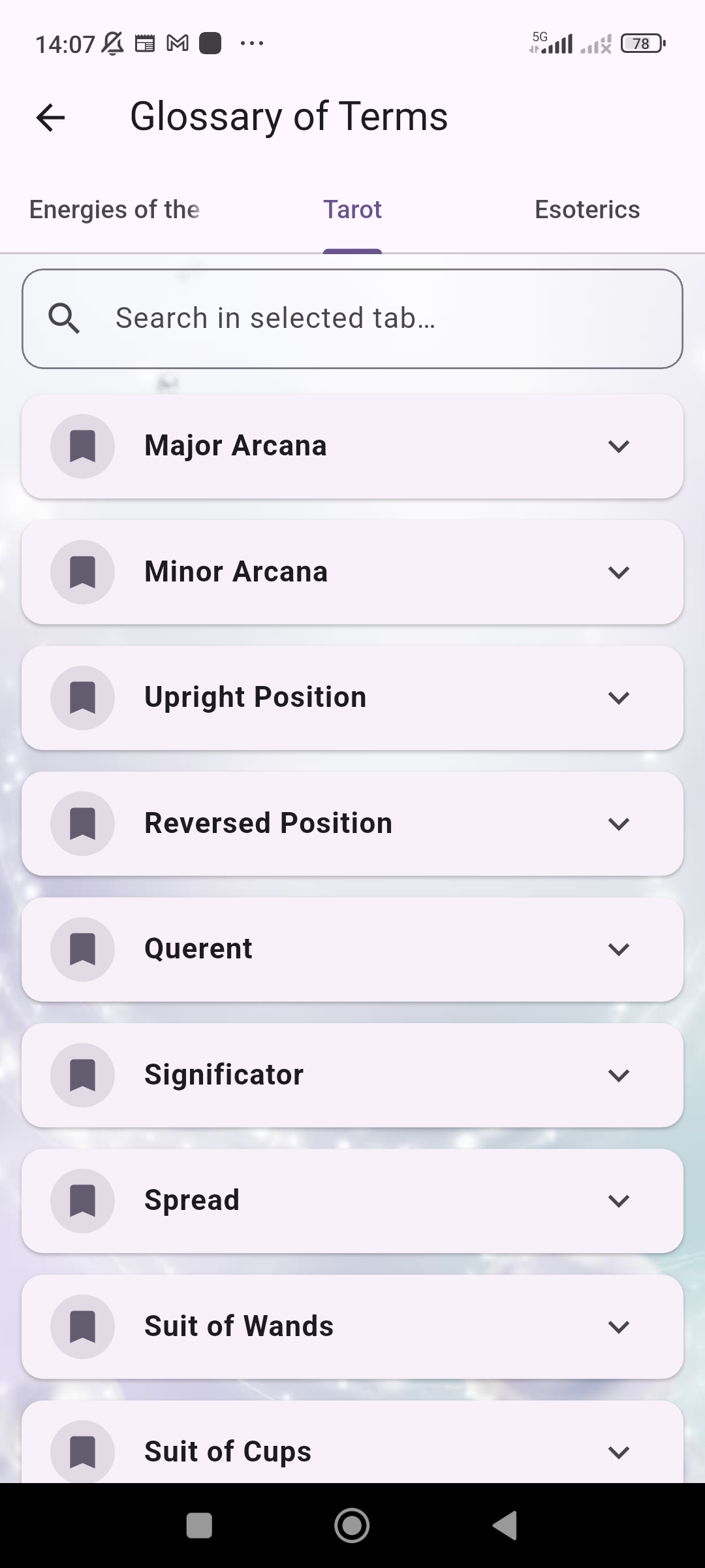 Astera glossary category screen