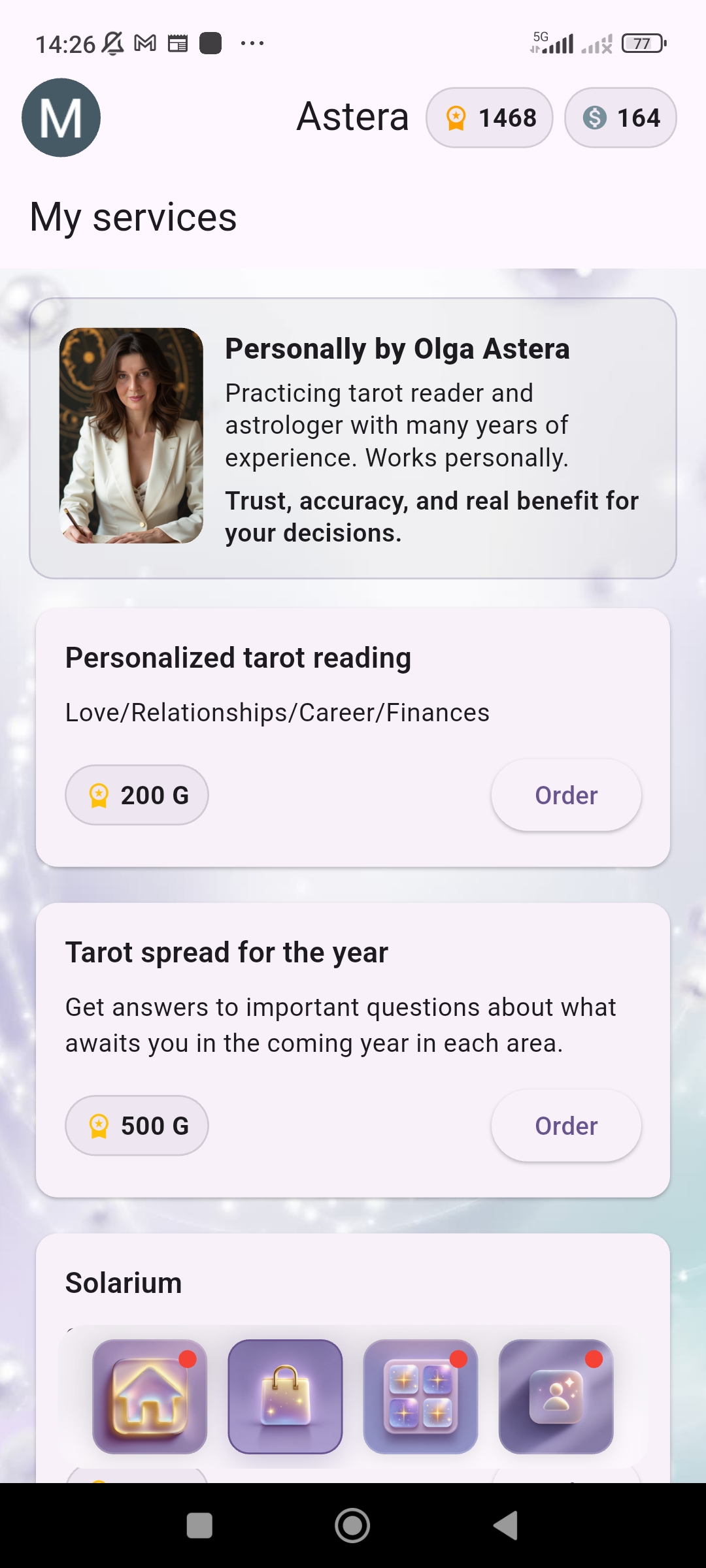 Astera My services screen with personal services by Olga Astera
