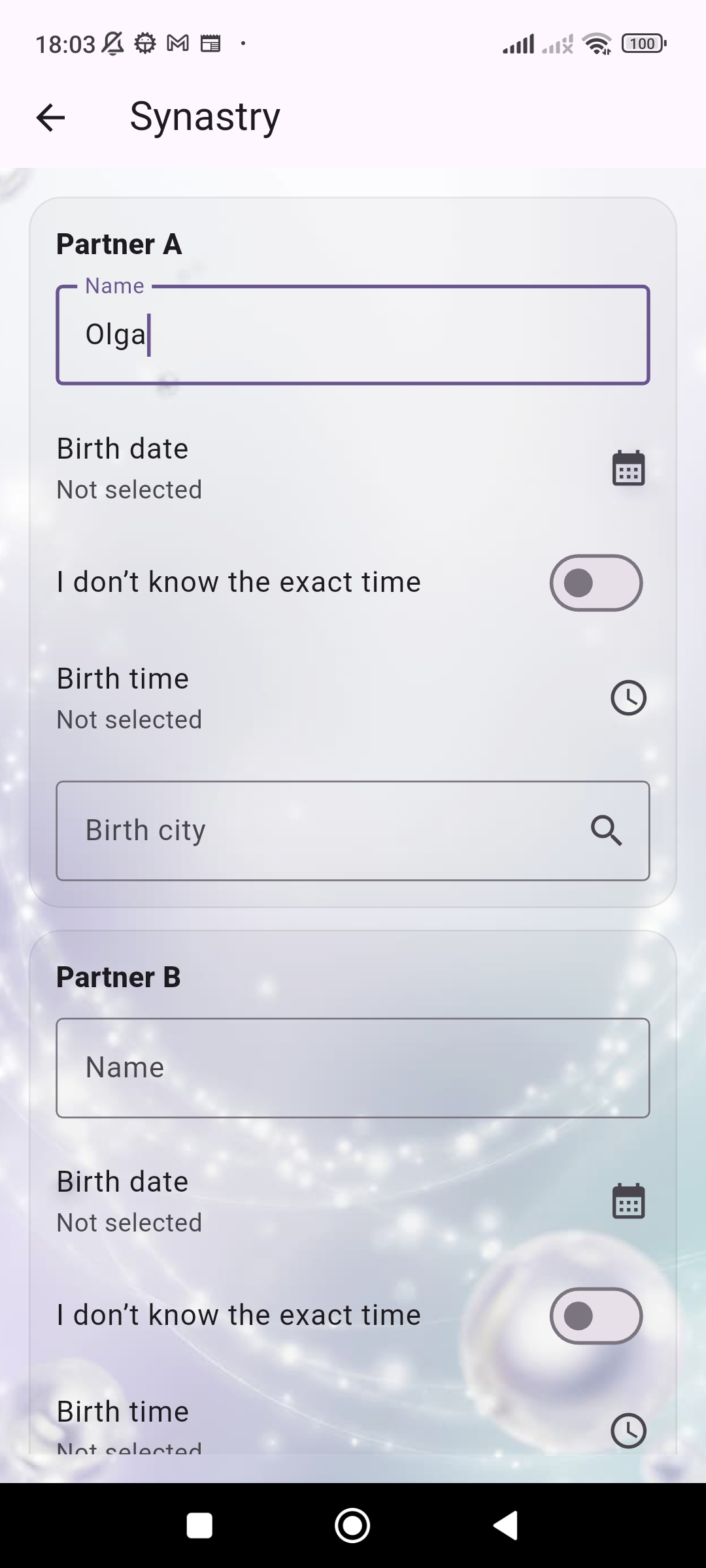 Astera Synastry input screen with two birth profiles