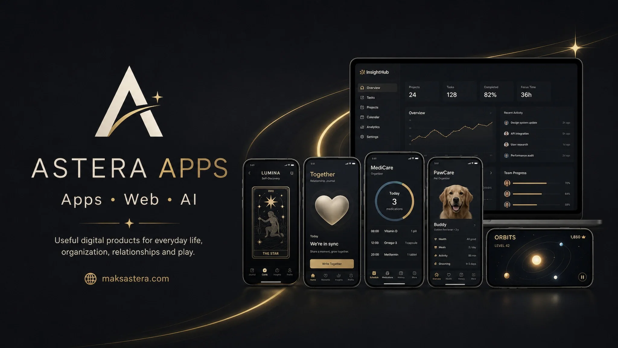 Astera Apps portfolio with mobile apps, web products and AI tools